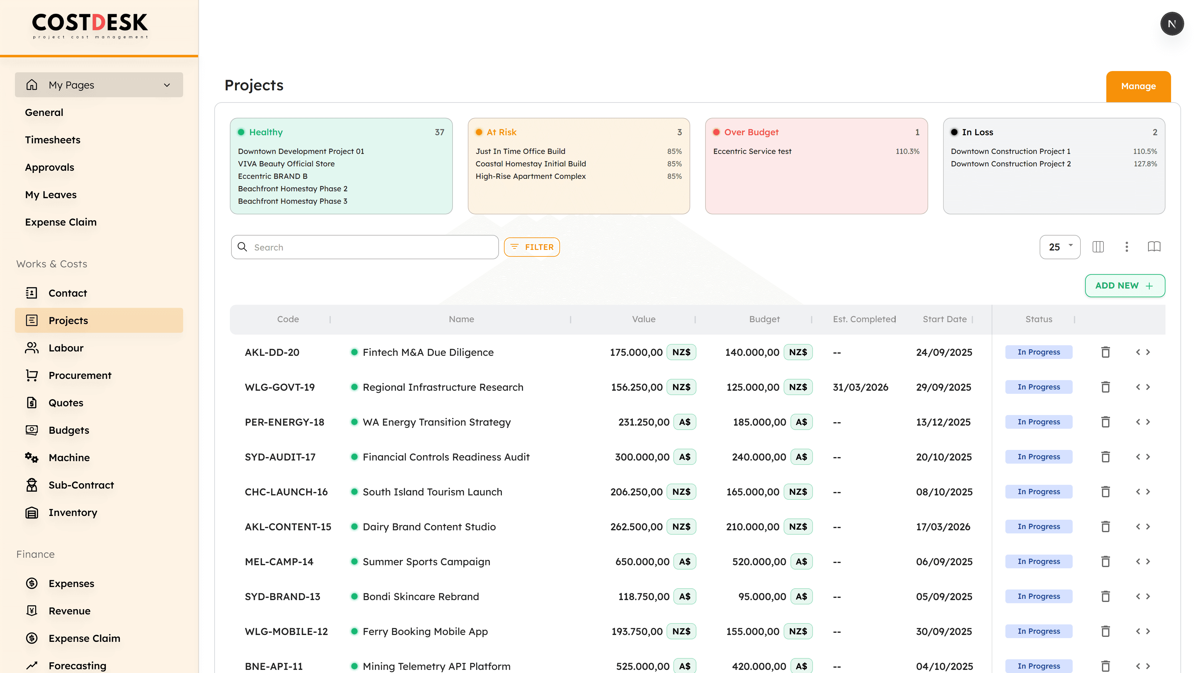 CostDesk Projects dashboard with health, budget and revenue at a glance